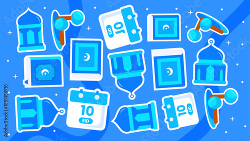 Blue themed pattern of eid al fitr calendar mosque quran and traditional drum icons