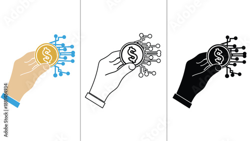 A hand holding a dollar coin with a network connection