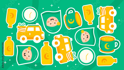 Flat design elements of girl in hijab car with luggage and crescent moon mug on green background for ramadan kareem