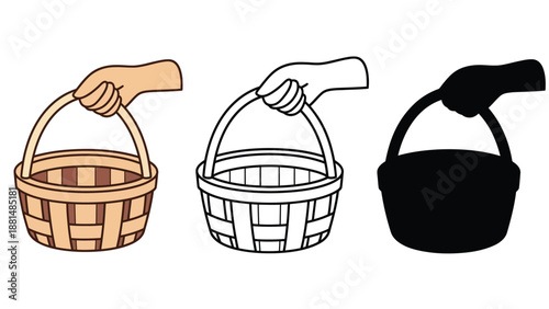 A hand holding a wicker basket in different colors and styles