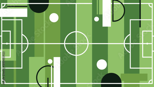 Abstract soccer pitch background design, flat vector 2D, geometric shapes inspired by football field markings, minimal, clean, modern sports theme, no text, no people