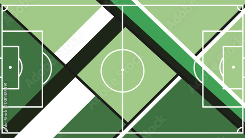 Abstract soccer pitch background design, flat vector 2D, geometric shapes inspired by football field markings, minimal, clean, modern sports theme, no text, no people