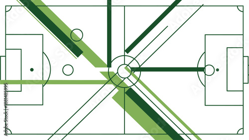 Abstract soccer pitch background design, flat vector 2D, geometric shapes inspired by football field markings, minimal, clean, modern sports theme, no text, no people