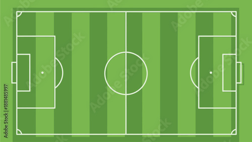 Flat vector soccer field top view, simple geometric layout, no text, no logo, green field, clean lines, minimal design, white background, stock illustration