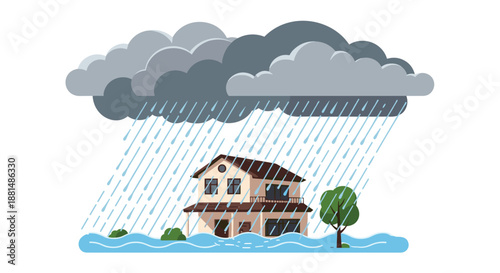Residential house flooded by high water during a heavy rainstorm with dark clouds and intense rainfall.