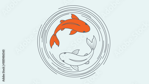 Two koi fish sketch in circular motion, representing yin and yang symbol with swirling water, symbolizing balance and harmony