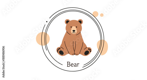 Simple and cute illustration of a brown bear cub sitting comfortably inside a double circle frame for kids or nature themes.