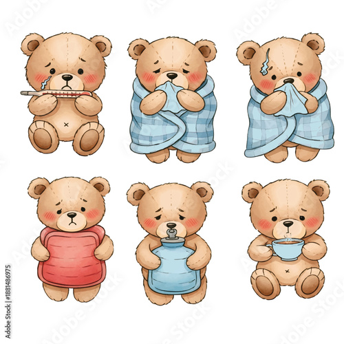 Cute cartoon teddy bears is sick