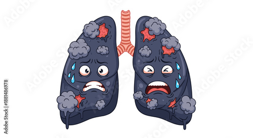 Medical illustration of diseased human lungs with black discoloration, smoke clouds, and sad facial expressions representing respiratory illness.