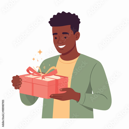Man happily holding a decorated gift box with a ribbon and sparkles, celebrating a special occasion or event with a joyful expression