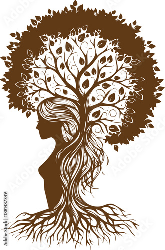 An engraving art silhouette of woman merged with tree of life symbolizing nature and growth