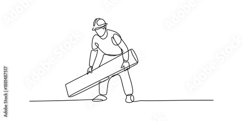 Continuous one line drawing of a construction worker carrying a long wooden plank.