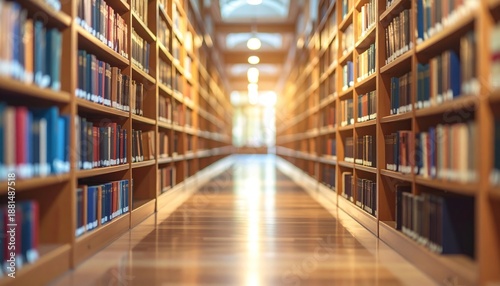Library aisle with towering bookshelves and bright light at end.