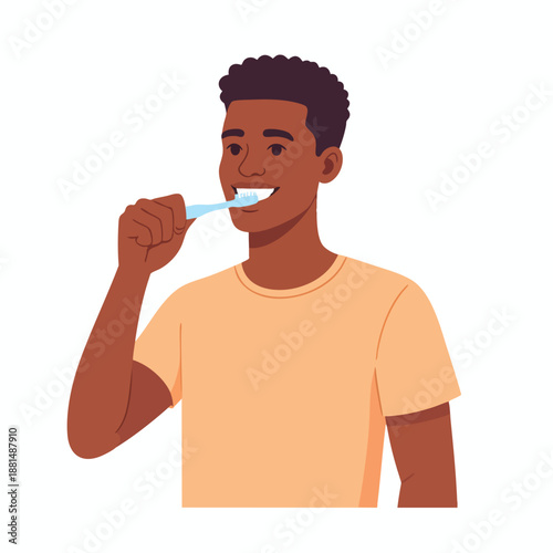 A young man brushing his teeth with a toothbrush in the morning routine