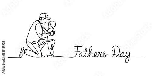 Continuous one line drawing of a Kneeling father helping a child stand up standing with Father's Day Text.