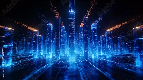 Wallpaper Mural Digital futuristic city with tall blue buildings and glowing particles Torontodigital.ca