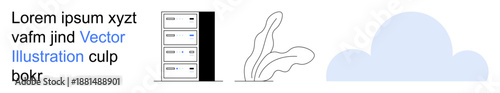 Cloud storage, IT infrastructure, sustainability, digital solutions, modern technology, web hosting. Server stack, plant line art and cloud graphic. Cloud storage and IT infrastructure concept