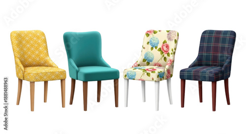 3d set of four chairs with different upholstery transparent background, cutout png