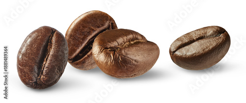 Set of roasted coffee beans isolated on white background. Soluble and grain caffeine ingredients.