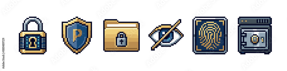 Obraz premium Six pixel art security and privacy icons featuring a padlock, shield, locked folder, hidden eye, fingerprint scanner, and a safe, rendered in a retro 8-bit video game style