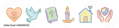 Set of hand-drawn Christian icons representing faith, hope, love, and peace, including a heart, dove, bible, candle, house, and shield in a cute pastel illustration style