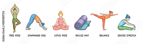 Set of colorful hand-drawn yoga illustrations showing women in various poses like tree, downward dog, and lotus, plus a rolled mat for a fitness and wellness lifestyle concept