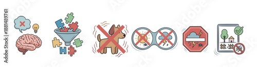 Collection of hand-drawn infographic icons depicting concepts of problem-solving, data filtering, prohibition signs, weather warnings, and smart home pest control solutions