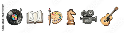 Six colorful vintage-style hobby and art icons featuring a vinyl record, open book, artist palette, chess knight, movie camera, and an acoustic guitar in a single row