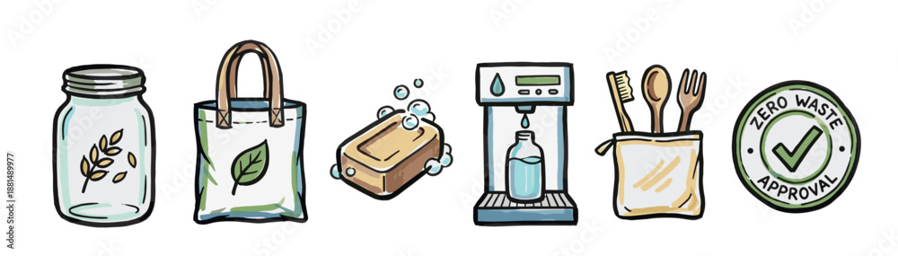 Fototapeta premium Set of hand-drawn zero waste icons featuring a reusable jar, tote bag, bar soap, water refill station, and bamboo cutlery, illustrating an eco-friendly and sustainable lifestyle