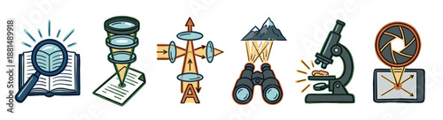 Set of seven hand-drawn science icons representing optics, research, and observation, including a microscope, binoculars, magnifying glass, and lens diagram in a doodle style