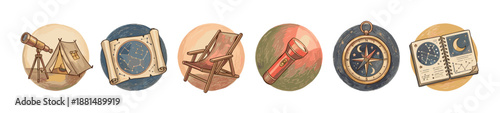 Collection of hand-drawn camping and astronomy icons with a telescope, tent, star chart, compass, flashlight, and notebook, presented in a charming vintage illustration style