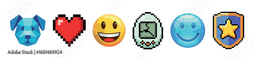 Diverse set of colorful game icons in various styles from low-poly and pixel art to glossy vector, featuring a dog, heart, emoticons, a digital pet, and a shield emblem
