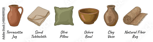 Set of six rustic household items including a terracotta jug, tablecloth, olive pillow, ochre bowl, clay vase, and a rolled fiber rug, shown in a charming hand-drawn style