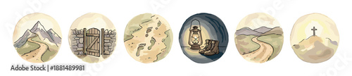 Collection of six religious watercolor illustrations depicting a spiritual pilgrimage with a mountain path, stone gate, footprints, lantern, and a cross on a hill