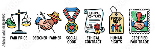 Set of six colorful hand-drawn icons representing fair trade principles like ethical contracts, social good, and human rights for sustainable and responsible business practices