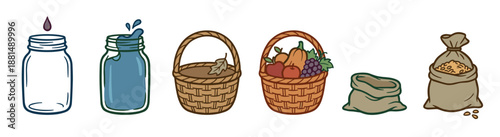 Set of hand-drawn illustrations showing empty and full containers like jars, baskets, and sacks in a before and after comparison of scarcity and abundance