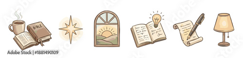 Charming hand-drawn set of icons for spiritual study and creative inspiration, including a bible, coffee, star, window, and writing tools in a warm, cozy style