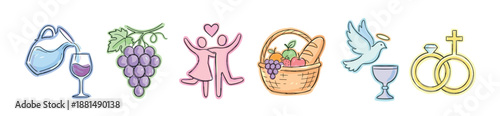 Set of Christian religious symbols representing sacraments like marriage, communion, and baptism in a hand-drawn watercolor illustration style with a soft pastel color palette