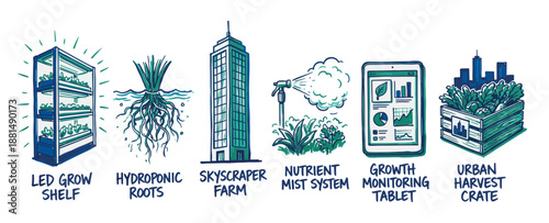 Set of hand-drawn urban farming icons showing a grow shelf, hydroponics, a skyscraper farm, a mist system, monitoring tablet, and harvest crate in a sketchy blue and green style