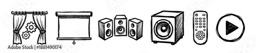 Hand-drawn home theater system icon set featuring a projector screen, speakers, remote control, and play button in a black and white doodle style illustration