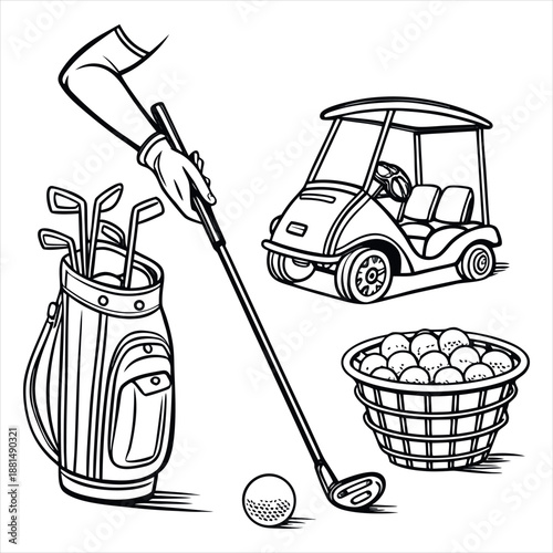 Golf Equipment Set with Bag, Clubs, Cart and Balls Vector Illustration