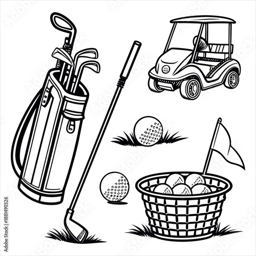Golf Equipment Set with Bag, Clubs, Cart and Balls Vector Illustration