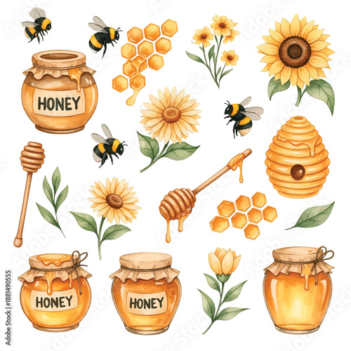 A cute cartoon illustration of honey jars and a bee surrounded by colorful flowers in a spring garden