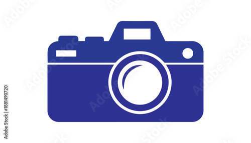 A strong blue silhouette of a modern photographic camera features a clear lens element, ideal for web design elements or photography service.