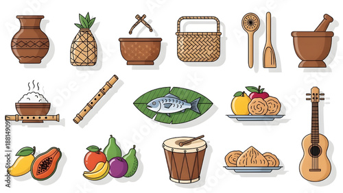 Traditional food and musical instruments illustrations