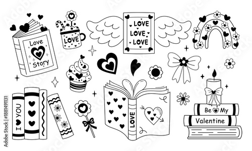 Valentine bookish clipart set in black color, Romance books doodle, Valentines day vector illustrations, Love readers stickers outline, Romantic aesthetic.