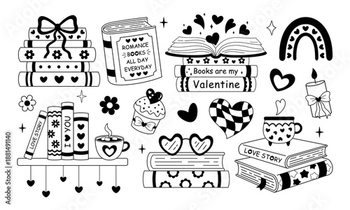 Valentine bookish clipart set in black color, Romance books doodle, Valentines day vector illustrations, Love readers stickers outline, Romantic aesthetic.