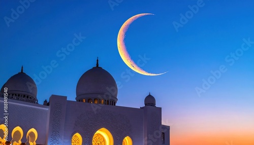 Mosque silhouette against a twilight sky with crescent moon.