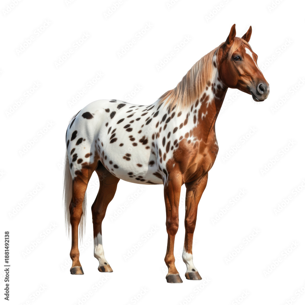 Fototapeta premium Elegant horse with spotted coat, powerful physique, graceful stance, and natural outdoor setting showcasing animal beauty and equestrian appeal