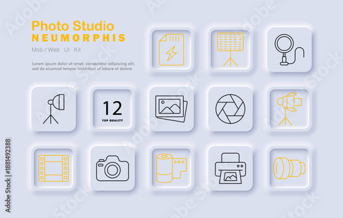 Photo studio set icon. Camera, flash, lens, softbox, light, printer, gallery, film, frame, aperture, spotlight gear for photography and shooting